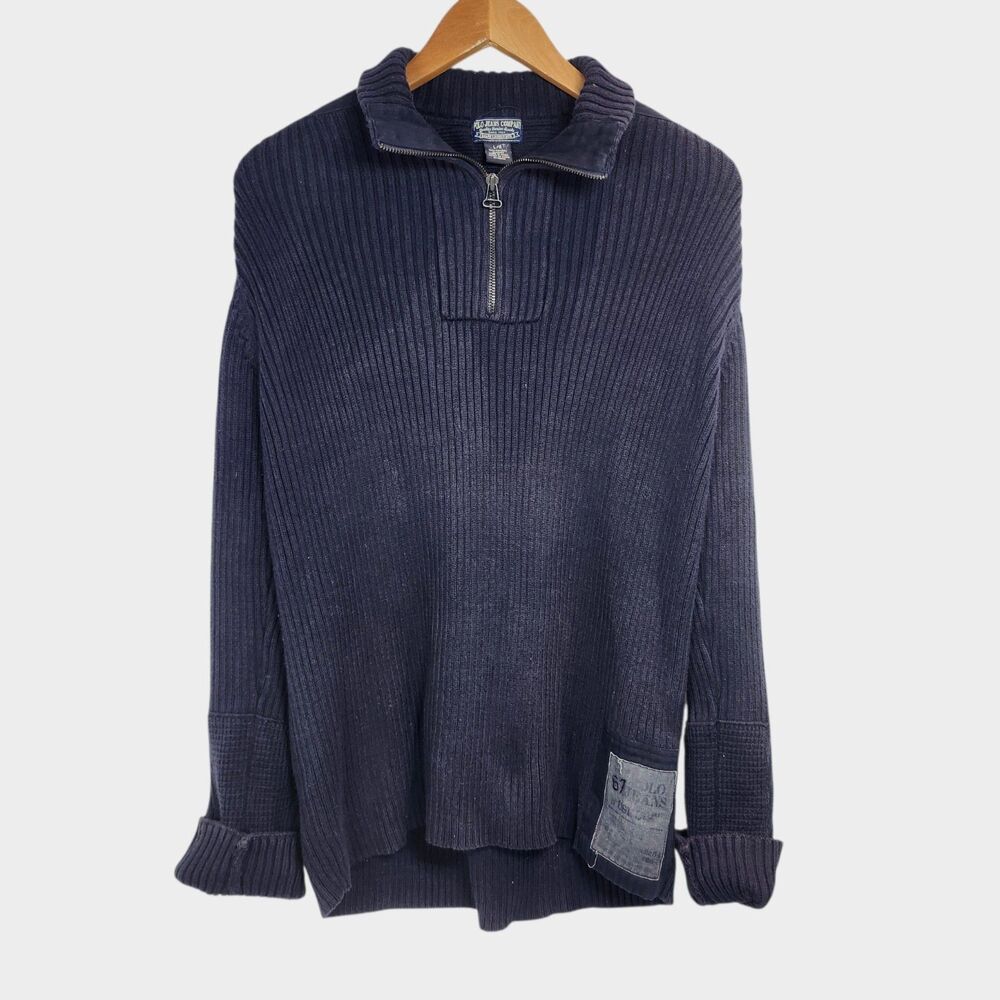 Polo Jeans Company Ralph Lauren Men's Sweater 1/4 Zip Navy Ribbed Patch VTG Sz L